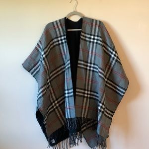 Blanket wrap plaid with fringe gray, black, white & red